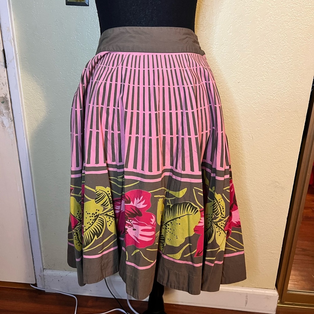 Odille Anthropologie Pink and Brown A-Line Skirt with Floral Design